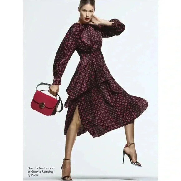 Fendi Silk Red Asymmetric Long Sleeve Back Zip Round Neck Cocktail Dress… - Picture 1 of 16
